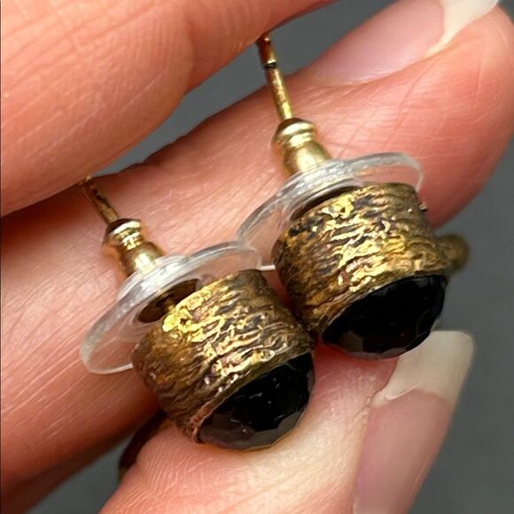 Vita New York 925 Gold Over Sterling Gold Black Green Gemstone Earrings - Picture 7 of 8